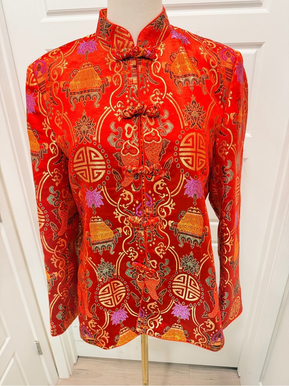 Red Brocade Mandarin Jacket with Gold Embroidery - Picture 9 of 9